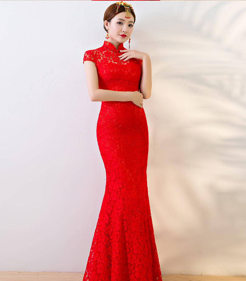 性感蕾絲魚尾中式禮服，華麗復古晚禮服