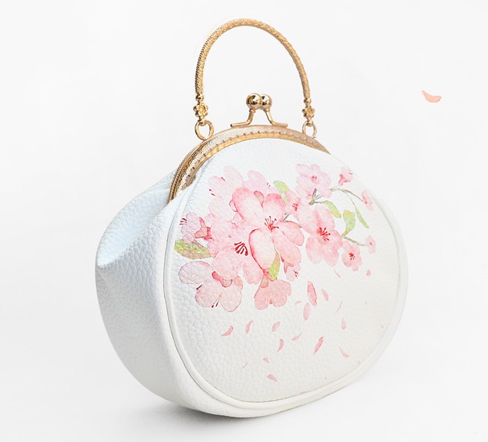 唯美清新桃花手提包，花朵古風(fēng)手工包