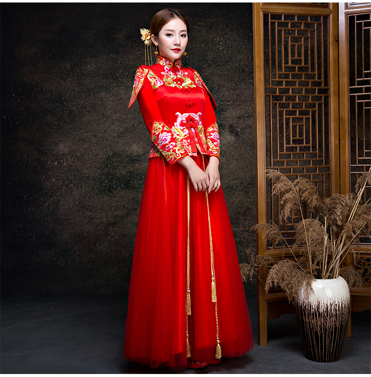 金玉良緣新娘禮服，小披肩中式禮服