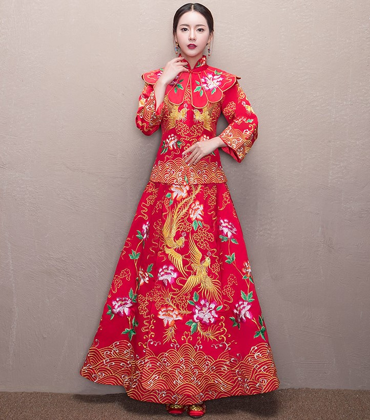 牡丹花領新娘禮服，古典刺繡中式禮服