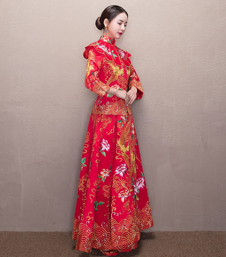 牡丹花領新娘禮服，古典刺繡中式禮服