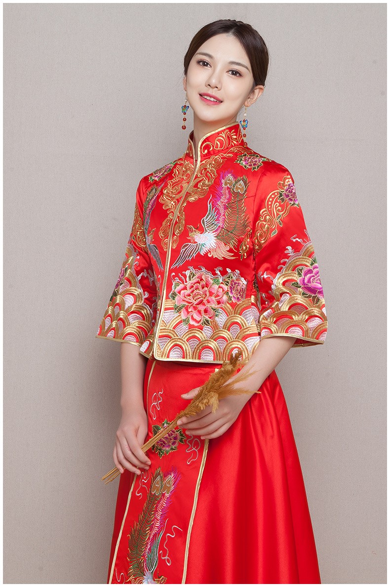 牡丹鳳凰刺繡新娘禮服，唯美中式禮服