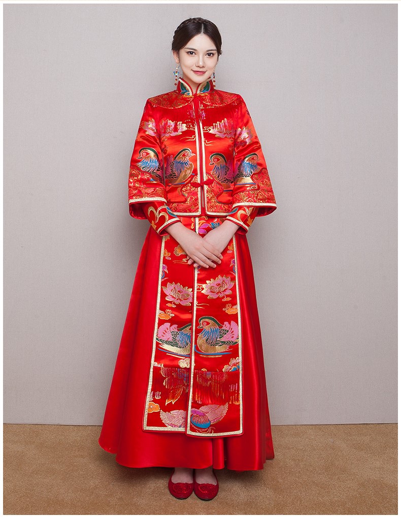 鴛鴦戲水新娘禮服，唯美流蘇中式禮服