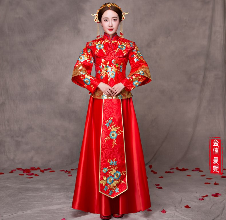 華麗蘭花刺繡新娘禮服，家佳樂文學(xué)中式禮服