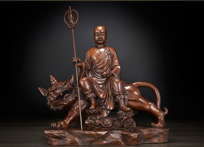 純紫銅佛像:騎諦聽地藏王菩薩像擺件