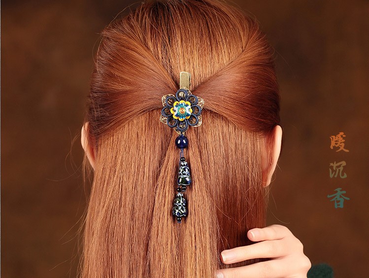 家佳樂文學花朵復古陶瓷吊墜發(fā)夾頭飾