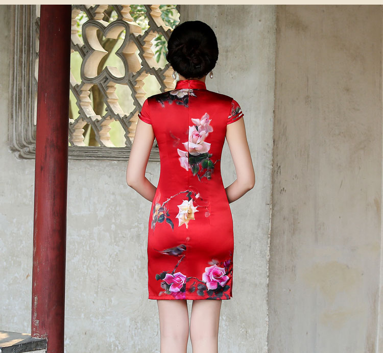 紅色古風唯美花朵短袖旗袍禮服裙