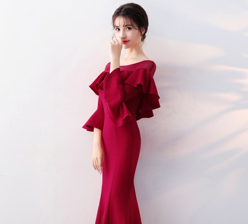 優(yōu)雅喇叭袖中式禮服，時尚魚尾晚禮服