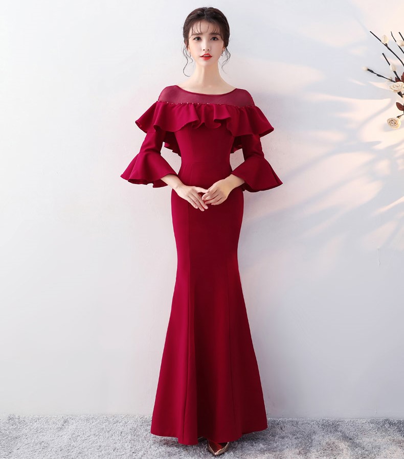 優(yōu)雅喇叭袖中式禮服，時尚魚尾晚禮服