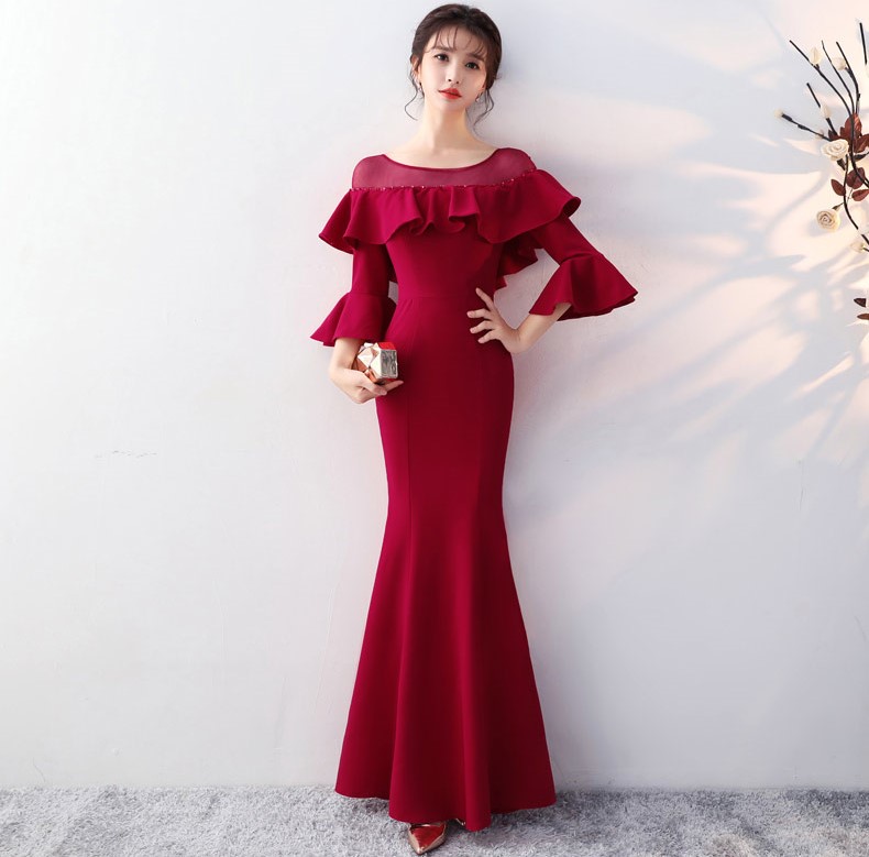 優(yōu)雅喇叭袖中式禮服，時尚魚尾晚禮服