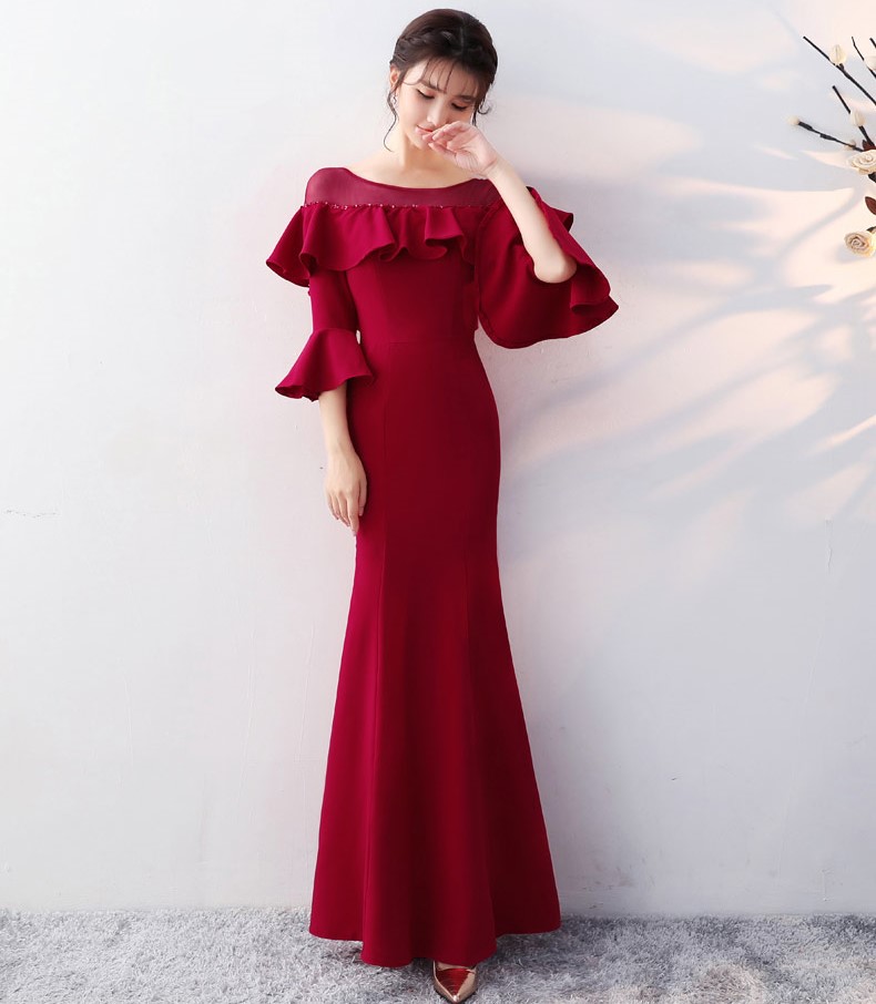優(yōu)雅喇叭袖中式禮服，時尚魚尾晚禮服