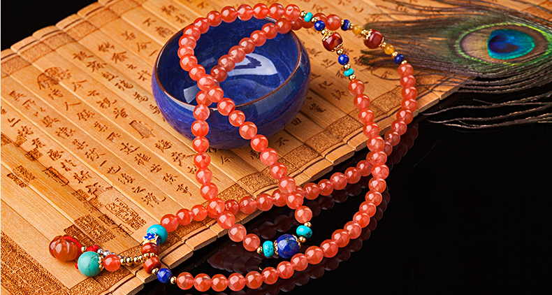 櫻桃紅瑪瑙水晶手鏈，多圈南紅手串