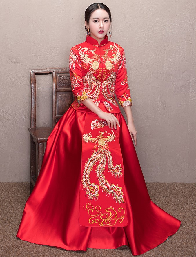 古典家佳樂文學(xué)喜字新娘禮服,鳳凰刺繡中式禮服