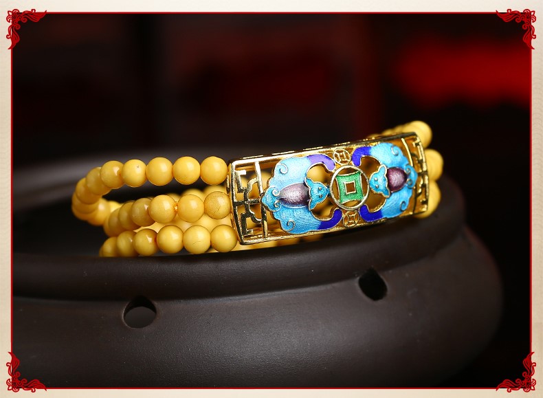 復(fù)古燒藍(lán)吉祥蝙蝠圖案蜜蠟手串