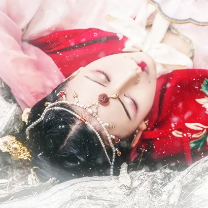 雪花飛舞紅衣女生頭像，唯美古風真人頭像