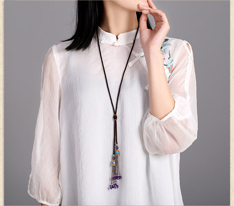 景泰藍紫水晶流蘇民族風項鏈毛衣鏈