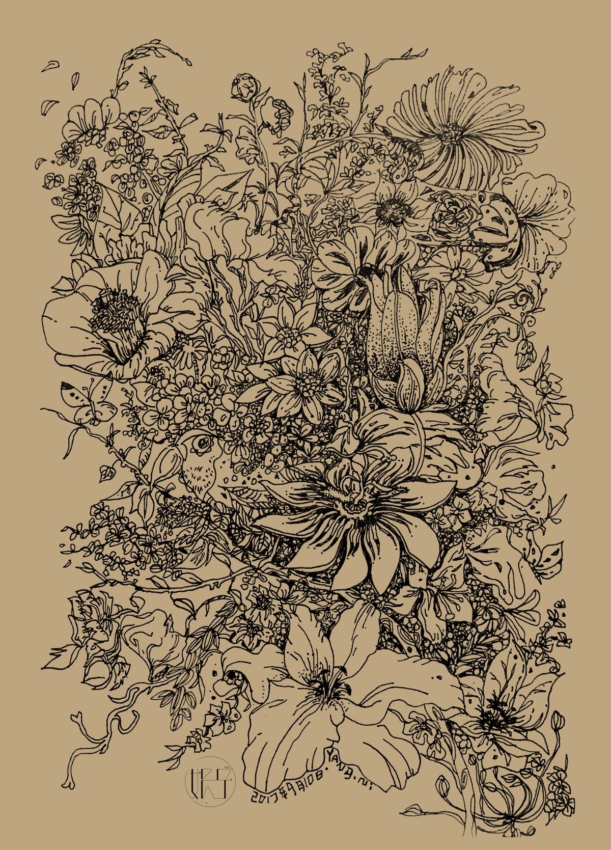 簡(jiǎn)約手繪線稿繁花黑白插畫