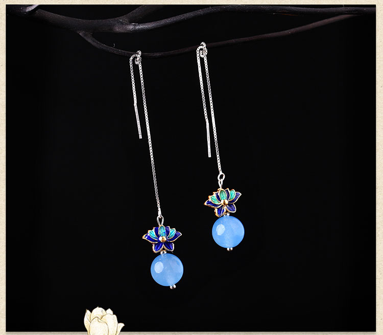 藍(lán)色蓮花景泰藍(lán)氣質(zhì)耳環(huán)，小清新長(zhǎng)款耳墜首飾