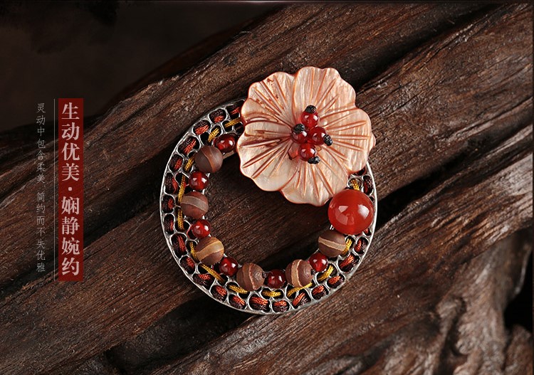 復古民族風貝殼胸花天珠瑪瑙胸針飾品