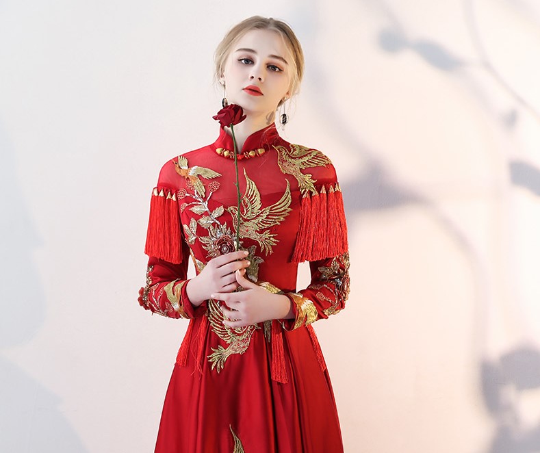 時尚酒紅色中式禮服，流蘇古典新娘禮服