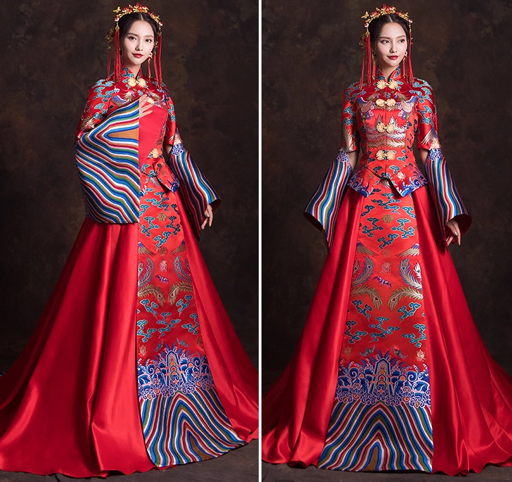 創(chuàng)意袖口新娘結(jié)婚禮服，奢華拖尾中式禮服