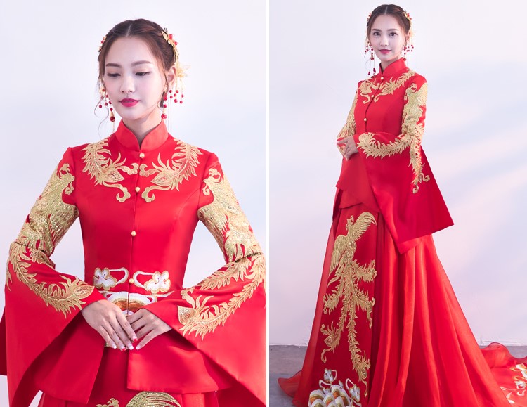 金色鳳凰刺繡新娘結婚禮服，奢華拖尾中式禮服