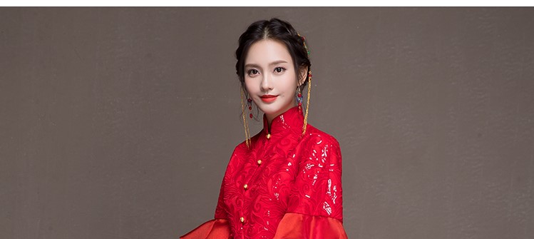 荷葉邊袖新娘結(jié)婚禮服，優(yōu)雅網(wǎng)紗蓬松中式禮服