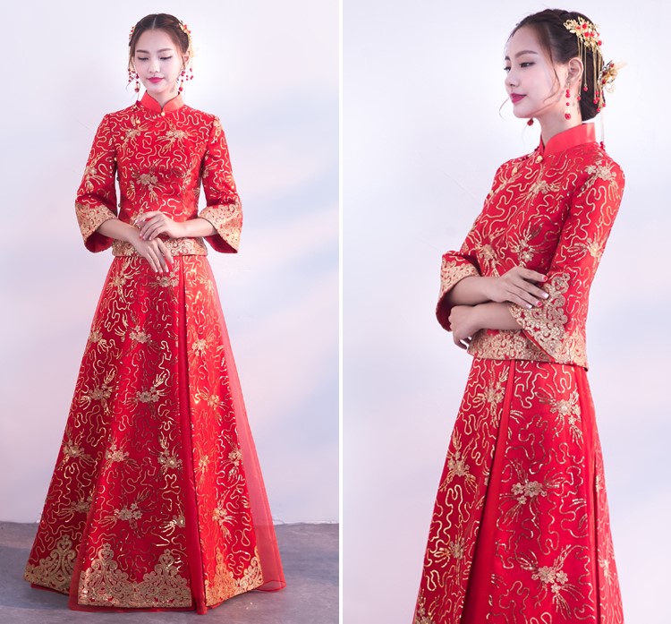 金色蕾絲花朵新娘禮服，唯美秀禾中式禮服