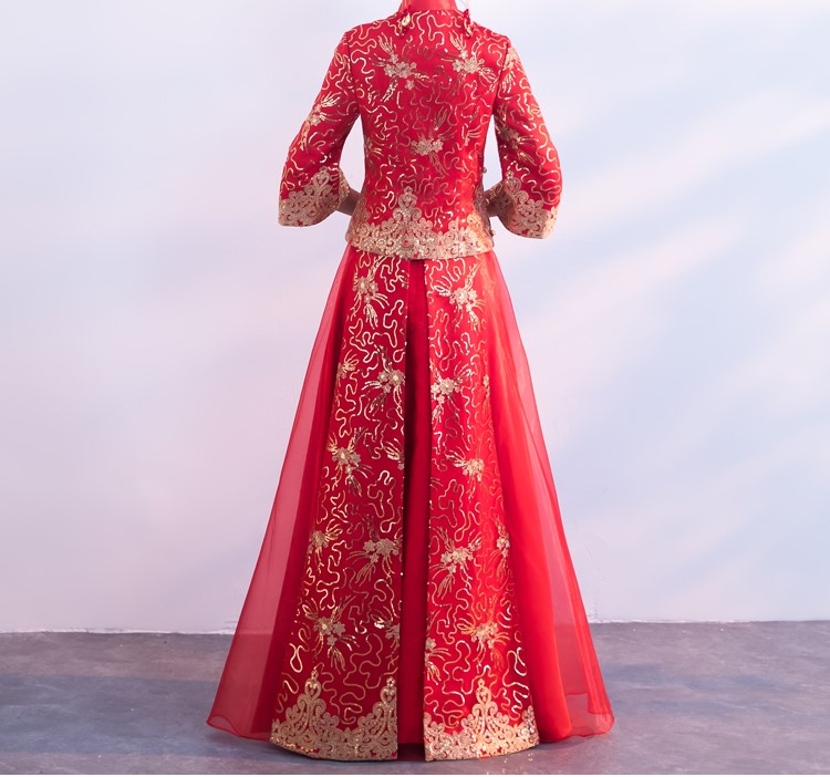 金色蕾絲花朵新娘禮服，唯美秀禾中式禮服