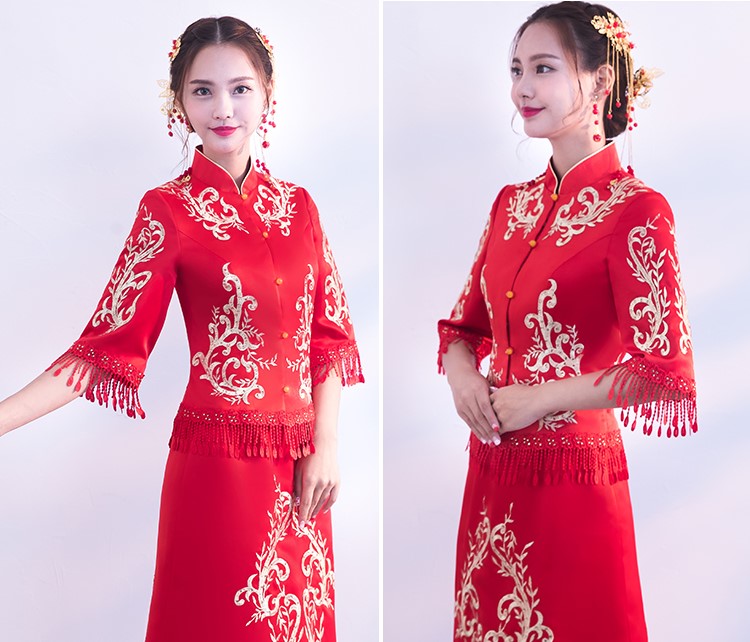 時(shí)尚修身新娘結(jié)婚禮服，龍鳳褂中式禮服