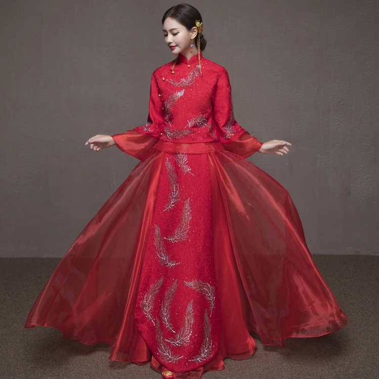 羽毛圖案新娘結(jié)婚禮服，簡(jiǎn)約大氣中式禮服