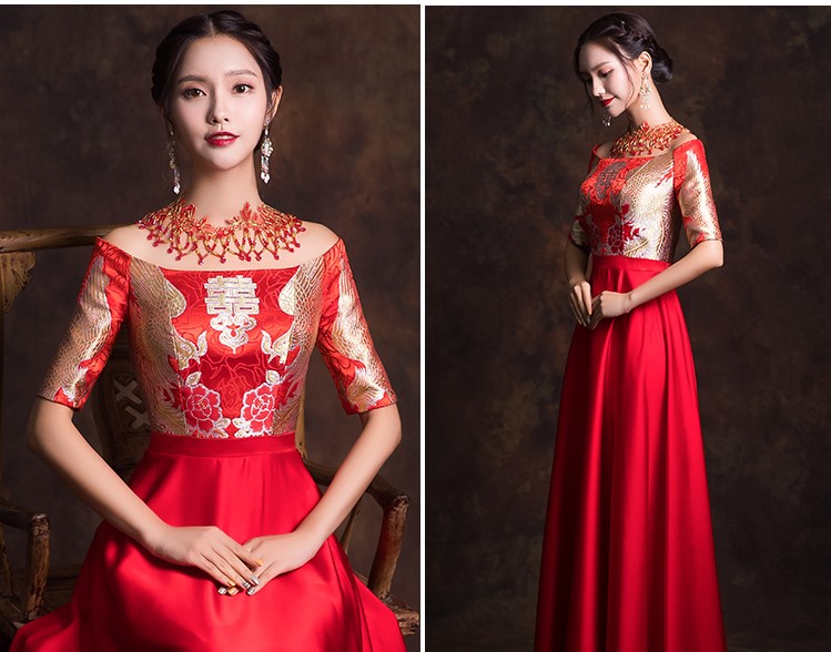 一字肩新娘結(jié)婚禮服，唯美流蘇中式禮服