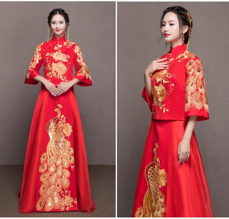 靈動(dòng)金色孔雀中式禮服，唯美新娘禮服