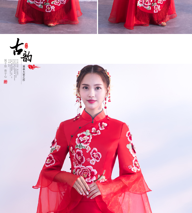 荷葉袖中式禮服，唯美牡丹花新娘禮服