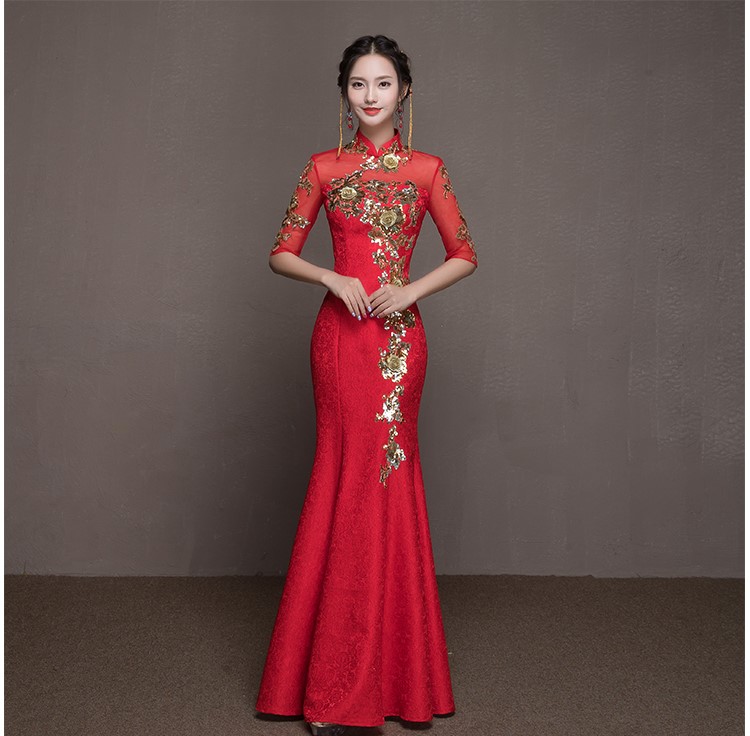 金枝玉葉中式禮服，魚尾牡丹花晚禮服