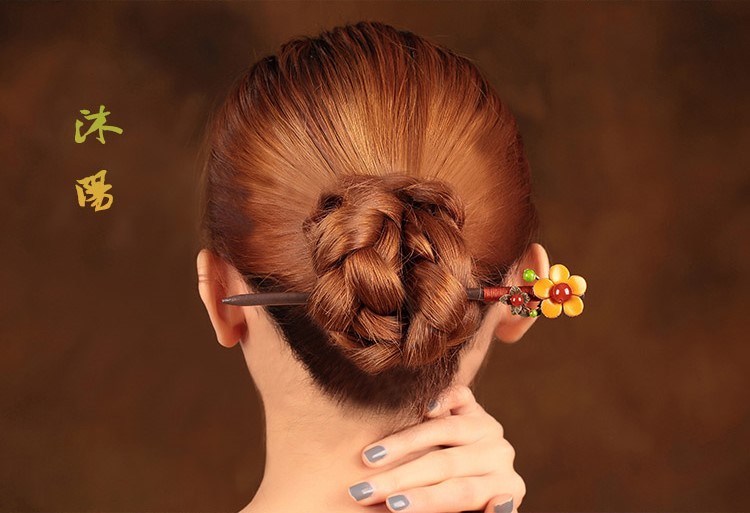 亮黃色花朵發(fā)簪，古風(fēng)古風(fēng)盤發(fā)木簪子頭飾