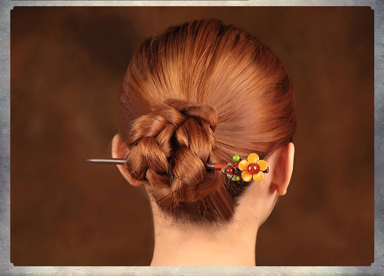 亮黃色花朵發(fā)簪，古風(fēng)古風(fēng)盤發(fā)木簪子頭飾