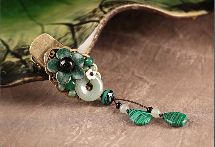 碧水花涵綠色鴨嘴夾，牛皮花朵發(fā)夾頭飾