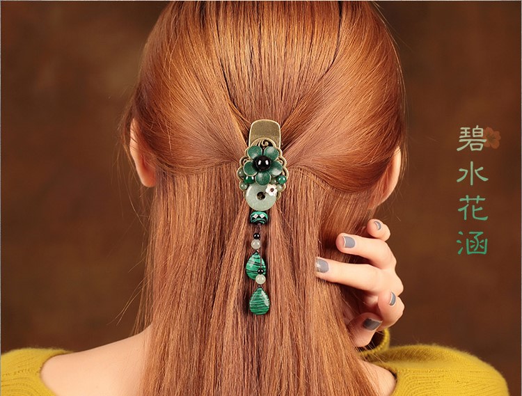 碧水花涵綠色鴨嘴夾，牛皮花朵發(fā)夾頭飾