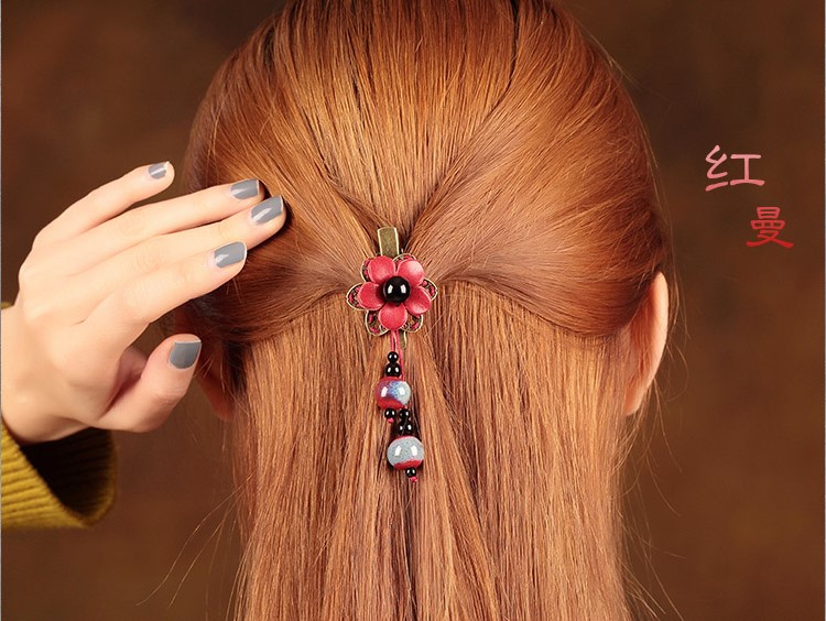家佳樂文學紅色花朵古風發(fā)夾頭飾