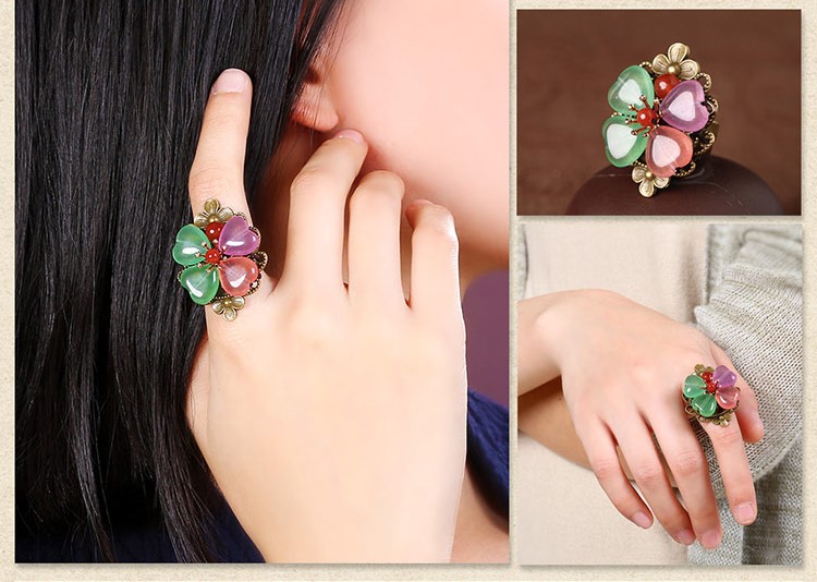 時尚幸運彩玉四葉草開口戒指飾品