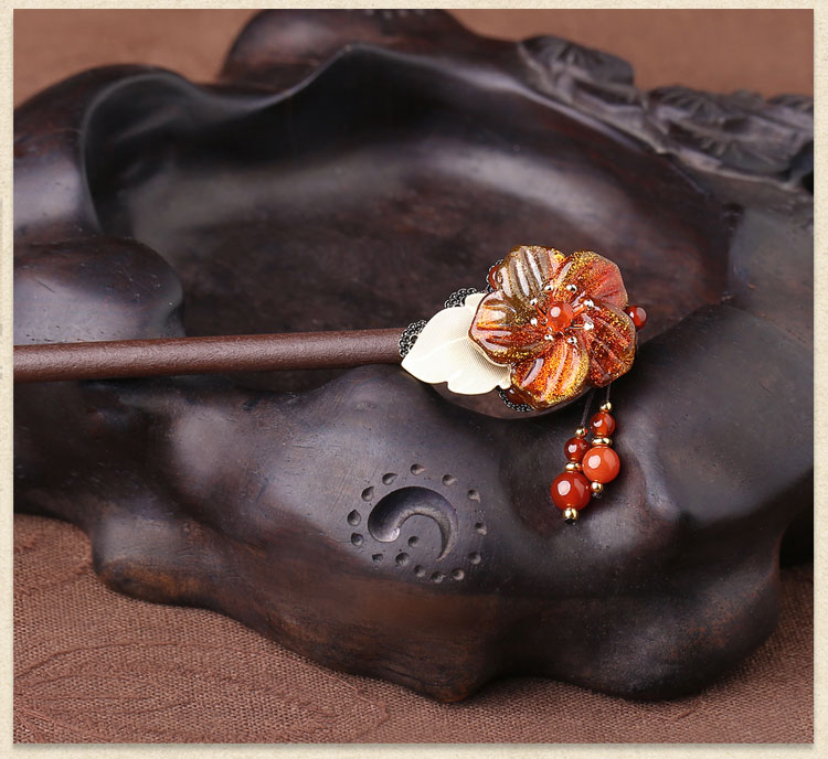 家佳樂文學(xué)琉璃花朵發(fā)簪盤發(fā)木簪子頭飾