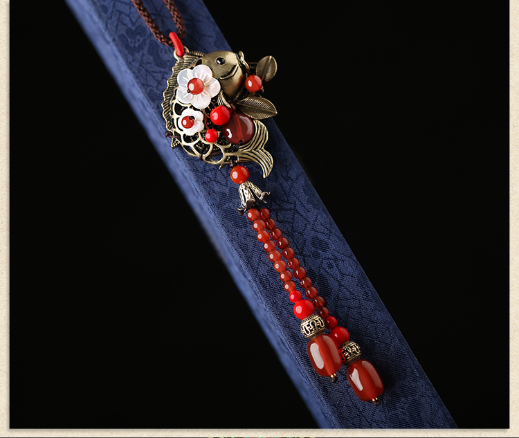 紅色氣質古風貝殼花毛衣鏈項鏈首飾