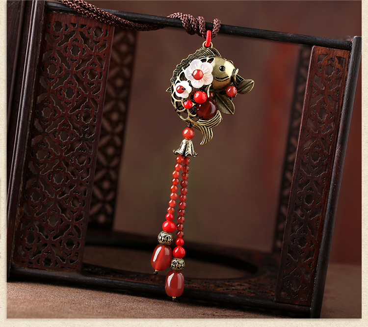 紅色氣質古風貝殼花毛衣鏈項鏈首飾