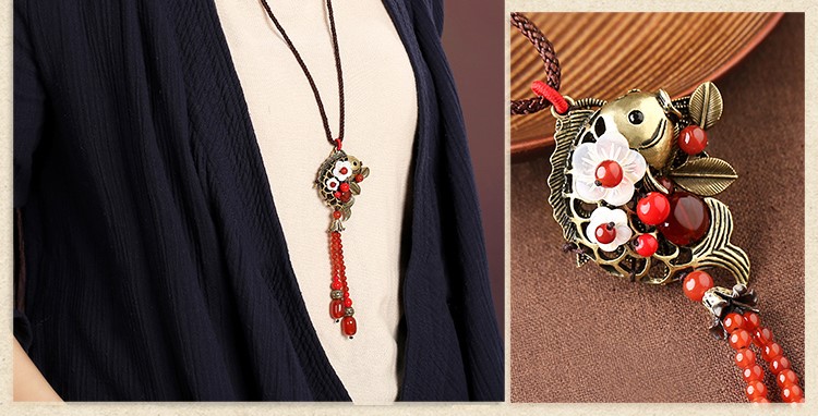 紅色氣質古風貝殼花毛衣鏈項鏈首飾