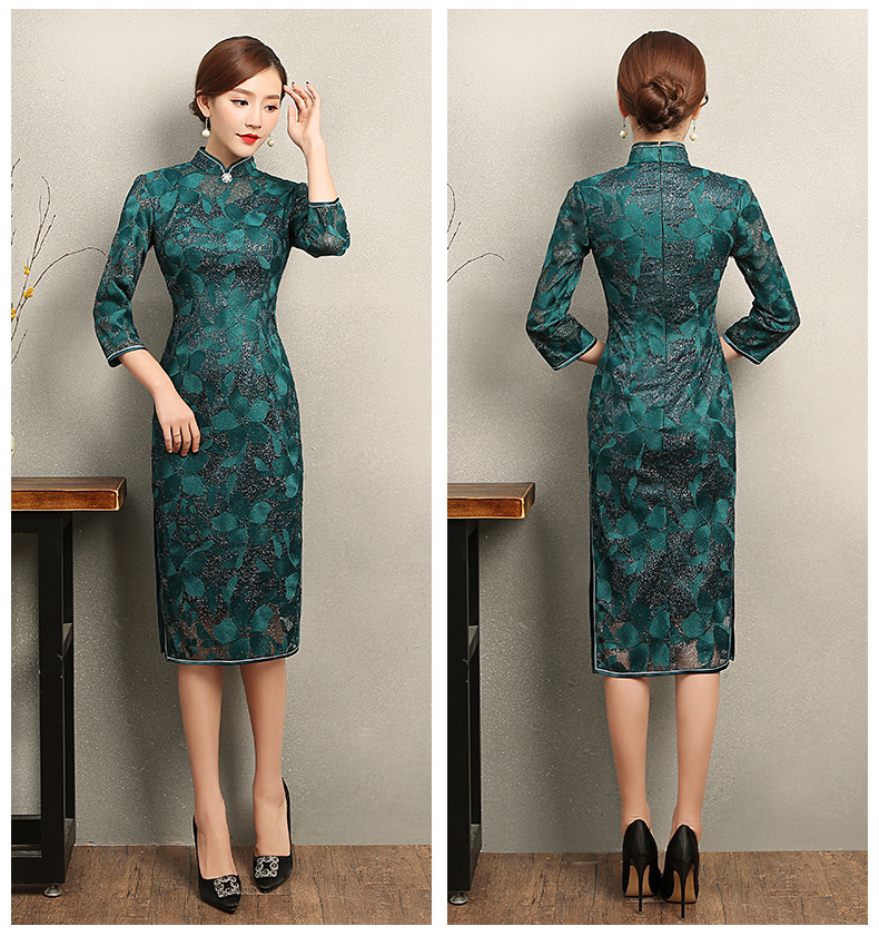 綠色葉嵐旗袍，復古蕾絲繡花旗袍裙