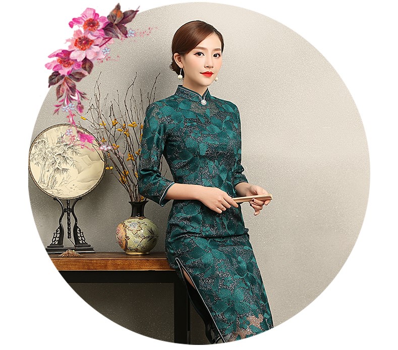 綠色葉嵐旗袍，復古蕾絲繡花旗袍裙