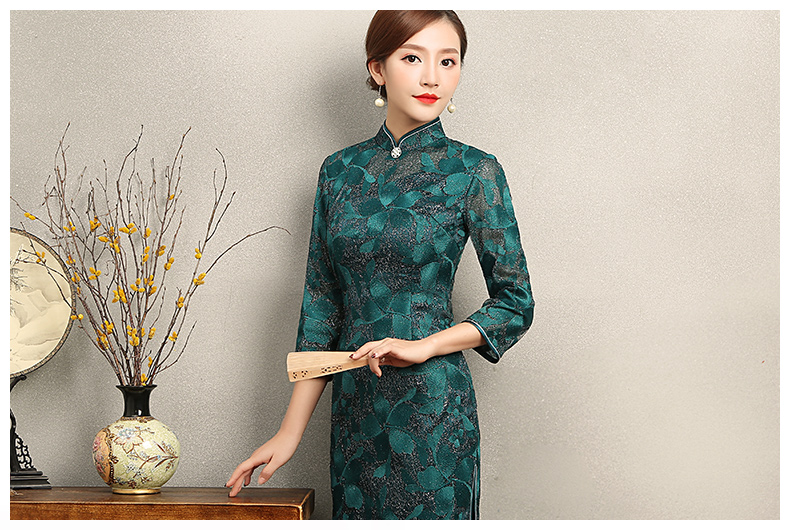 綠色葉嵐旗袍，復古蕾絲繡花旗袍裙