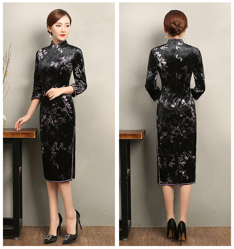 竹蝶黑色旗袍，復(fù)古絲絨印花旗袍裙