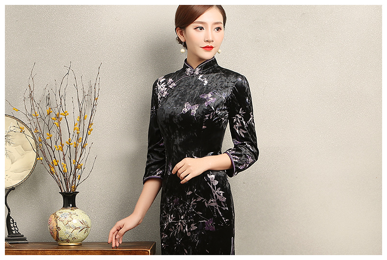 竹蝶黑色旗袍，復(fù)古絲絨印花旗袍裙